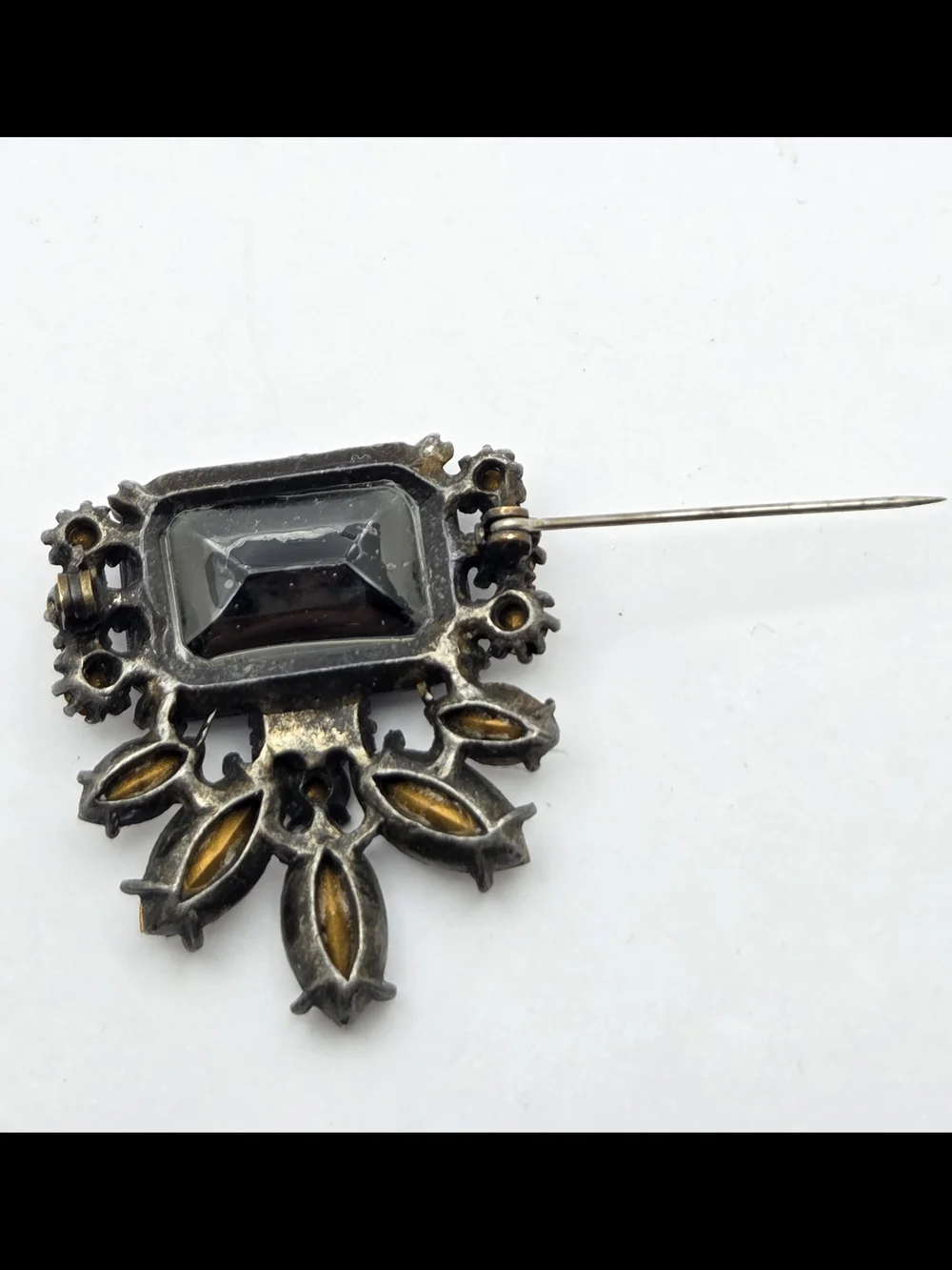 Vintage Black Glass Emerald Cut Rhinestone Brooch Pin Statement